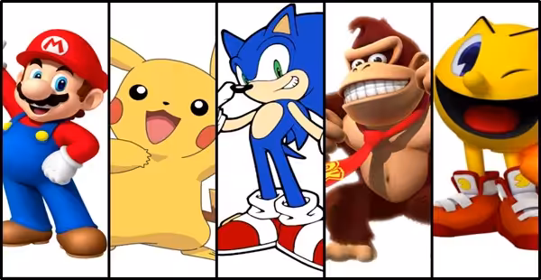 mario, sonic the hedgehog, pikachu, and pac man